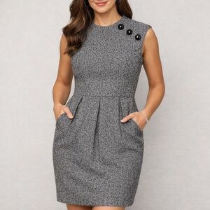 Kay Unger New‎ York Dress Womens 2 Gray Tweed Sheath Pockets Button Detail